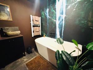 a bathroom with a white tub and a plant at Expérience Balinaise à Amiens in Amiens