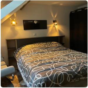 a bedroom with a bed with a tv on the wall at Maison avec jacuzzi in Vierzon