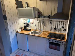 a small kitchen with a sink and a stove at Nice apartment at Golsfjellet in Gol