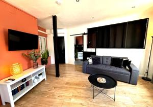 a living room with a couch and a tv at Spacieux spa et sauna in Bourges