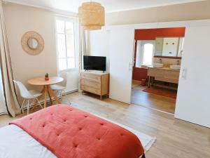 a bedroom with a bed and a table and a television at Le cottage du Breil in Verfeil +6 photos