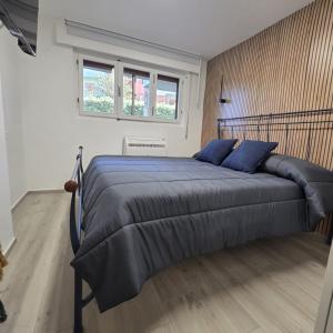 a bedroom with a large bed with blue pillows at Lido Appartamento Parcheggio Privato 400 mt dal mare in Lido di Camaiore
