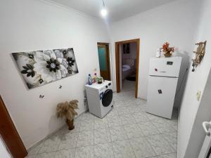 a kitchen with a refrigerator and a painting on the wall at Summerland Lukovë in Sarandë +1 photo