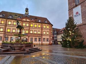 a christmas tree in front of a large building at Haus Mittendrin in Neustadt an der Weinstraße