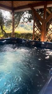 a pool of water in a backyard with a gazebo at Villa Fè -Choose Panoramic View, Jacuzzi, Private Parking in Montepulciano