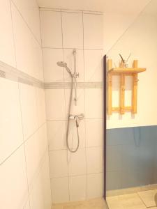 a bathroom with a shower with a glass door at La petite Escapade in Calais