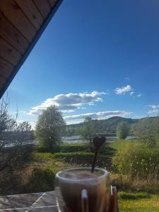 a drink on a table with a view of a river at LAKEVIEW A-frame ESCAPE in Tisa