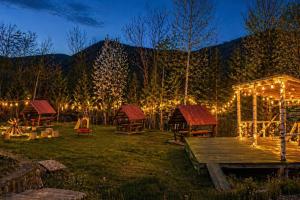 a backyard with a picnic table and lights at night at Apfelhaus Poiana Marului in Poiana Mărului +21 photos