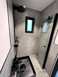 a bathroom with a sink and a glass shower at Modern Attic Loft in Weisenheim am Sand