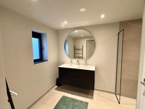 a bathroom with a sink and a mirror at Luxe recreatiebungalows midden in bosrijke omgeving Waalre Noord-Brabant in Waalre +66 photos