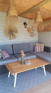ein Wohnzimmer mit einem blauen Sofa und einem Couchtisch in der Unterkunft De Hooglander in Westergeest