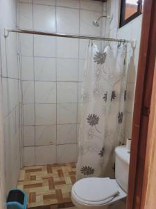 a bathroom with a toilet and a shower curtain at Alojamiento Artola in Artola