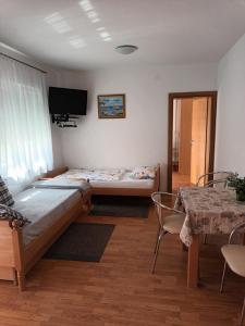a bedroom with two beds and a table and a tv at Apartmani MM in Tkon