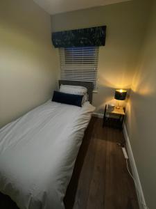 a bedroom with a white bed and a window at Anna and Jims Cottage in Claudy