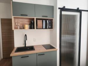 a kitchen with a sink and a refrigerator at Charming cozy nest - old town in Annecy +11 photos