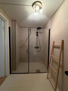a shower with a glass door in a bathroom at Norwegian Villa for 11 and great Views in Askøy +25 photos