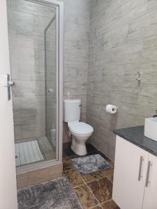 a bathroom with a toilet and a glass shower at The Studios on Smuts in Ermelo +19 photos