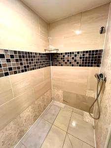 a bathroom with a shower with black and white tiles at Maison cozy 2p- Jardin - Paris à 5 min - Métro in Maisons-Alfort +15 photos
