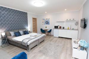 a bedroom with a bed and a kitchen in it at KB House apartman in Malý Horeš