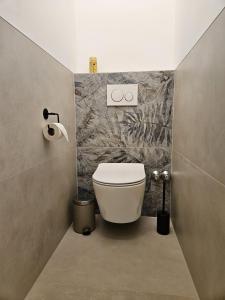 a bathroom with a white toilet in a room at Stadtoase Wels III in Wels