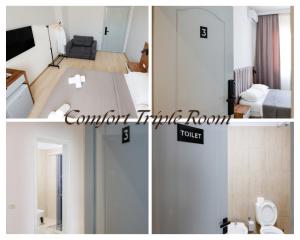 a collage of photos of a hotel room and a room at Shkoder City Center Rooms & Apartments in Shkodër