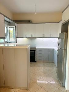 a kitchen with white cabinets and a refrigerator at Dimitris House in Pllakë