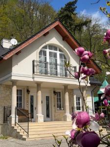 a house with a large window and purple flowers at Villa Julia in Krakow