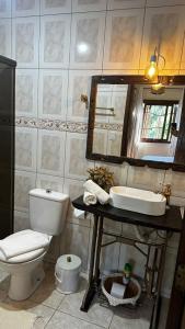 a bathroom with a toilet and a sink and a mirror at Refúgio Aroma do Campo in Bagé