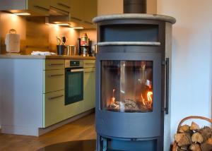 a kitchen with a stove with a fire in it at Ferienwohnung Villa Oben im Sandsteinidyll in Rathen