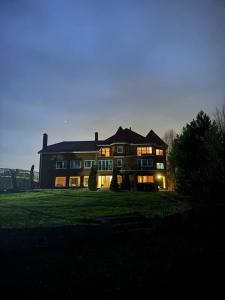 a large house on a grassy field at night at Castle Apartments in Schaslyve