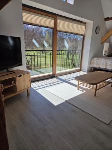 a living room with a tv and a large window at Apartament Pod Orzechem in Ulinia