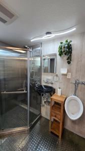 a bathroom with a shower and a sink and a toilet at Cozy Private Retreat in Phoenix +35 photos