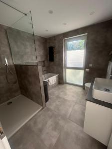 a bathroom with a shower and a sink at MelSun Apartment in Melsungen