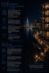 a flyer for a hotel next to a river at night at Boutique apartment in Strömstad in Strömstad