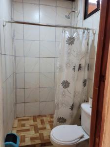 a bathroom with a toilet and a shower curtain at Alojamiento Artola para 4 personas in Sardinal
