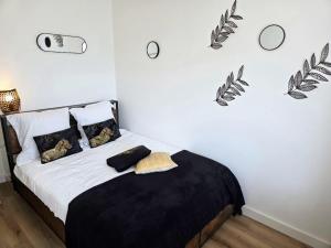 a bedroom with a bed with black and white pillows at Escale 1 Spacieux avec CLIM in Tartas