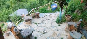 an aerial view of a garden with potted plants at Ambar Cottage in Kullu Manali