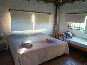 a bedroom with a bed and a window with towels on it at Casita Naranja in La Calera