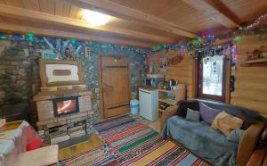a living room with a couch and a stone fireplace at У Медовому Раю in Rostoka