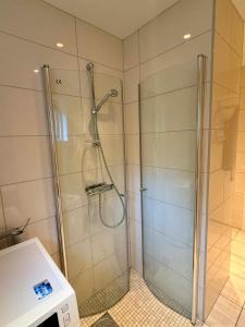 a shower with a glass door in a bathroom at Flott 4-roms leilighet til leie in Trondheim