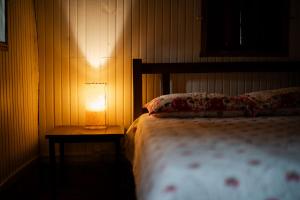 a bedroom with a bed and a table with a lamp at Casinha à beira do arroio in Pelotas