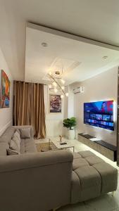 a living room with a couch and a flat screen tv at Candy horizon height Apartemnt in Ikate