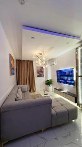 a living room with a couch and a tv at Candy horizon height Apartemnt in Ikate