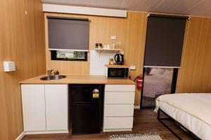 a small kitchen with a sink and a microwave at The Tiny Chalet by Tiny Away in Bromfleet