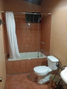 a bathroom with a tub and a toilet and a shower at Cabaña el nido del monte in Tapalpa +46 photos
