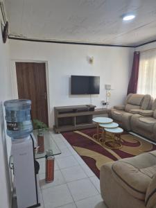 a living room with couches and a flat screen tv at Maroon House in Narok