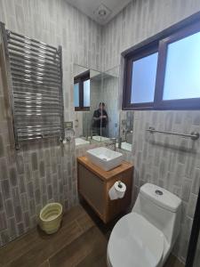 a man taking a picture of a bathroom at Palguin pad loft # 1 in Pucón