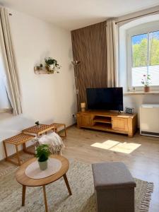 a living room with a flat screen tv at Traunzeit Apartment in Ebensee