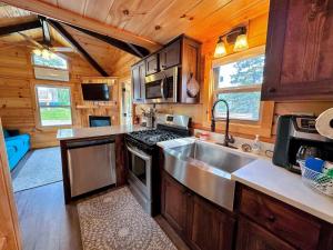 a kitchen with a stainless steel sink and a stove at Tiny Home Topline in Carroll