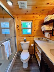 a bathroom with a toilet and a shower and a sink at Tiny Home Topline in Carroll +57 photos